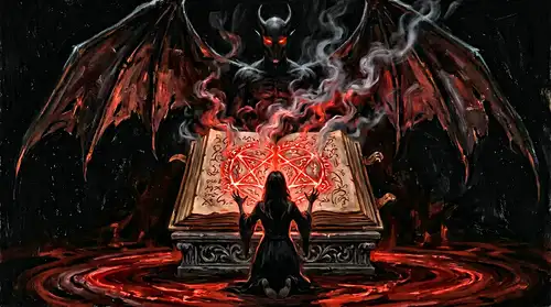 Figura oscura con grimorio y símbolos ocultistas