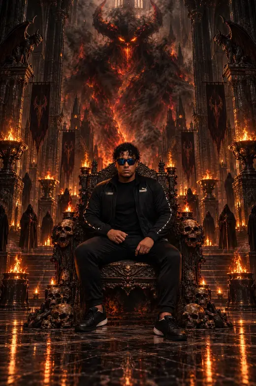 Samir El Rey Oscuro en el trono gótico de la Escuela del Rey Oscuro